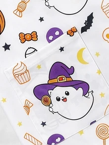 PopScrub Casual Minimalist Scrub Uniform Top Halloween Cute Pumpkin Magic Hat Cat - Multicolor - View 3