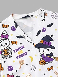 PopScrub Casual Minimalist Scrub Uniform Top Halloween Cute Pumpkin Magic Hat Cat - Multicolor - View 5