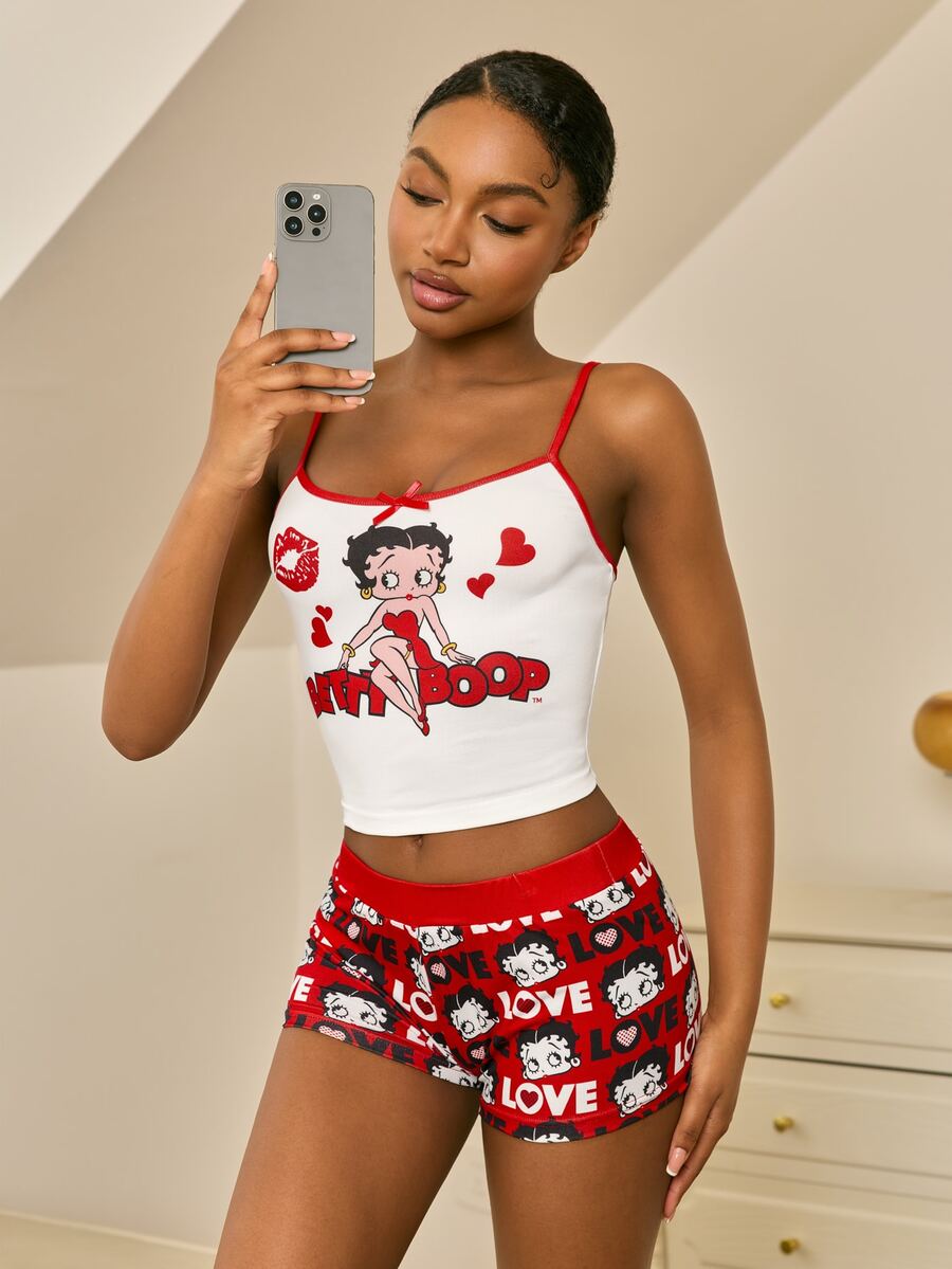 Betty Boop x SHEIN Women's Bow Decor Camisole And Shorts Pajama Set - Red and White - View 1