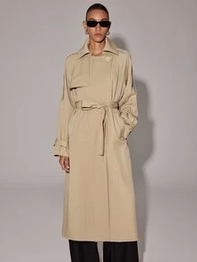 Anewsta Essential Women's Elegant Button Pocket Long Sleeve Trench Coat - Apricot - View 6