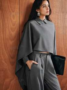Anewsta Essential Elegant Grey Woven Wool Loose Cape Shawl Design Set For Women, Suitable For Holiday Business Banquets In Autumn/Winter - Grey - View 5