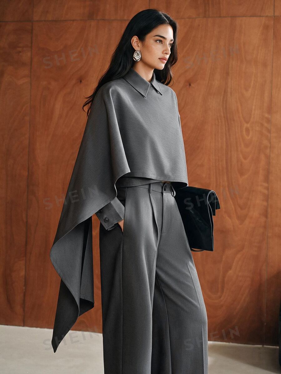 Anewsta Essential Elegant Grey Woven Wool Loose Cape Shawl Design Set For Women, Suitable For Holiday Business Banquets In Autumn/Winter - Grey - View 1