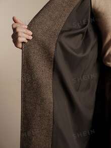 Anewsta Essential Elegant Herringbone Pattern Stand Collar Women's Brown Shoulder Ruffle Tweed Long Coat - Brown - View 9