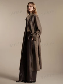 Anewsta Essential Elegant Herringbone Pattern Stand Collar Women's Brown Shoulder Ruffle Tweed Long Coat - Brown - View 5
