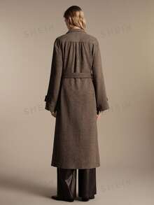 Anewsta Essential Elegant Herringbone Pattern Stand Collar Women's Brown Shoulder Ruffle Tweed Long Coat - Brown - View 3