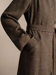 Anewsta Essential Elegant Herringbone Pattern Stand Collar Women's Brown Shoulder Ruffle Tweed Long Coat - Brown - View 8