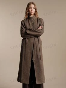 Anewsta Essential Elegant Herringbone Pattern Stand Collar Women's Brown Shoulder Ruffle Tweed Long Coat - Brown - View 4