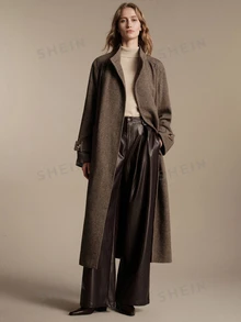 Anewsta Essential Elegant Herringbone Pattern Stand Collar Women's Brown Shoulder Ruffle Tweed Long Coat - Brown - View 7