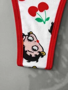 Betty Boop x SHEIN Women's Cartoon Print Contrast Lace Thong Panties - Black and White - View 13