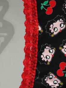 Betty Boop x SHEIN Women's Cartoon Print Contrast Lace Thong Panties - Black and White - View 12
