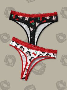 Betty Boop x SHEIN Women's Cartoon Print Contrast Lace Thong Panties - Black and White - View 2
