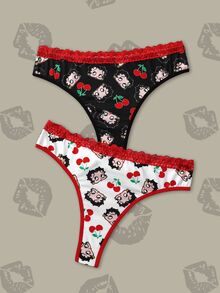 Betty Boop x SHEIN Women's Cartoon Print Contrast Lace Thong Panties - Black and White - View 1
