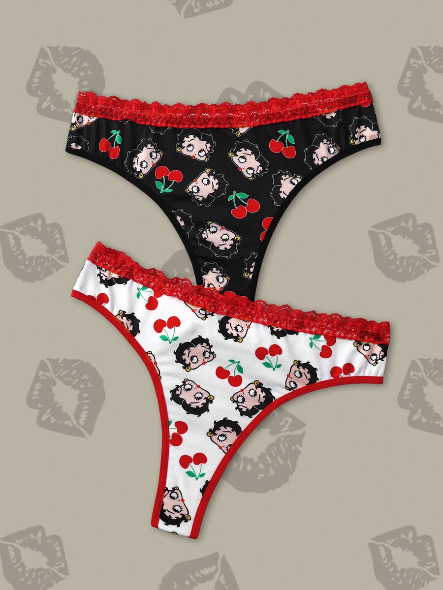Betty Boop x SHEIN Women's Cartoon Print Contrast Lace Thong Panties - Black and White - View 1