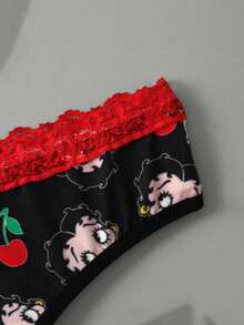 Betty Boop x SHEIN Women's Cartoon Print Contrast Lace Thong Panties - Black and White - View 11