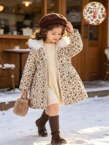 Young Girl Polyester Hooded Long Sleeve Botanical Zip Pocket Regular Loose Fit Fleece Lined Jacket Winter Multicolor,Halloween/Christmas - Beige - View 1