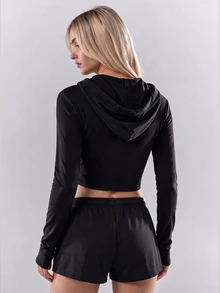 SHEIN Unity Black Cropped Hooded Zip Up Jacket Women Thumb Hole Slim Fit High Stretch Activewear Jacket Workout Gym Yoga Fall Back To School Y2K Casual - Black - View 3