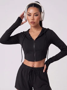 SHEIN Unity Black Cropped Hooded Zip Up Jacket Women Thumb Hole Slim Fit High Stretch Activewear Jacket Workout Gym Yoga Fall Back To School Y2K Casual - Black - View 8