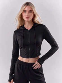 SHEIN Unity Black Cropped Hooded Zip Up Jacket Women Thumb Hole Slim Fit High Stretch Activewear Jacket Workout Gym Yoga Fall Back To School Y2K Casual - Black - View 9
