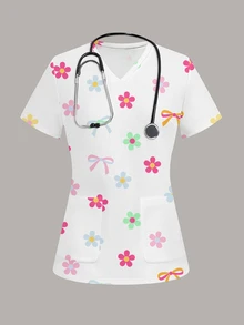 PopScrub 女款花卉印花休閒日常刷手服上衣 - 彩色 - 查看 1