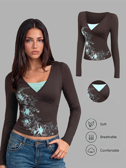Sweetra Top da donna vintage semplice casual sexy elegante per uso quotidiano pendolarismo shopping appuntamenti e riunioni con migliori amiche con scollo a V incrociato e stampa floreale colore caffè scuro per primavera estate autunno inverno