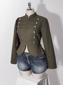 SHEIN ICON Y2K復古鄉村風女款拿破崙式休閒夾克，橄欖綠純色長袖拉鍊外套，適合外出、演唱會與日常穿著，秋季常規版 - 軍綠色 - 查看 13
