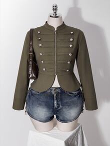 SHEIN ICON Y2K復古鄉村風女款拿破崙式休閒夾克，橄欖綠純色長袖拉鍊外套，適合外出、演唱會與日常穿著，秋季常規版 - 軍綠色 - 查看 4