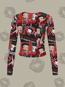 Betty Boop x SHEIN Women's Casual Chic Street Style Cartoon Character & Letter Print Long Sleeve Fitted T-Shirt, Suitable For Daily Commute, Spring/Autumn - White - View 2