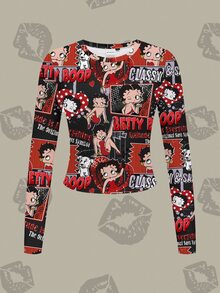 Betty Boop x SHEIN Women's Casual Chic Street Style Cartoon Character & Letter Print Long Sleeve Fitted T-Shirt, Suitable For Daily Commute, Spring/Autumn - White - View 1