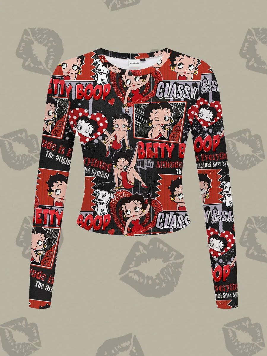 Betty Boop x SHEIN Women's Casual Chic Street Style Cartoon Character & Letter Print Long Sleeve Fitted T-Shirt, Suitable For Daily Commute, Spring/Autumn - White - View 1