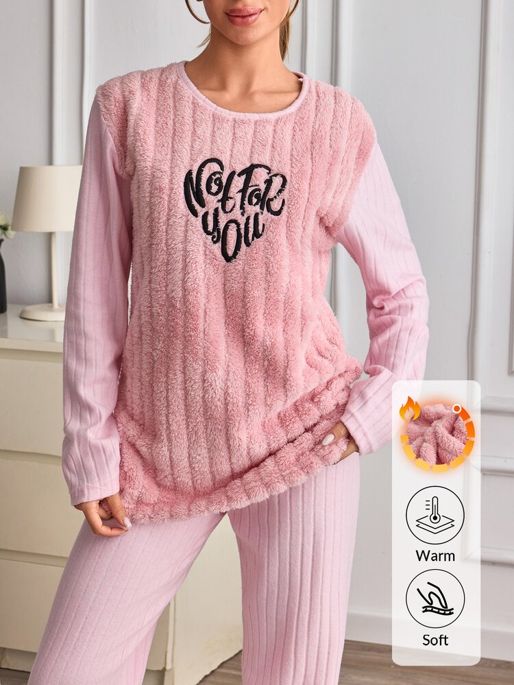 SHEIN Cottnline Women's Fuzzy Graphic Long Sleeve Ribbed Sleepwear Set Pink And Black Dusty Pink Winter Cute Casual Home - Pink - View 1