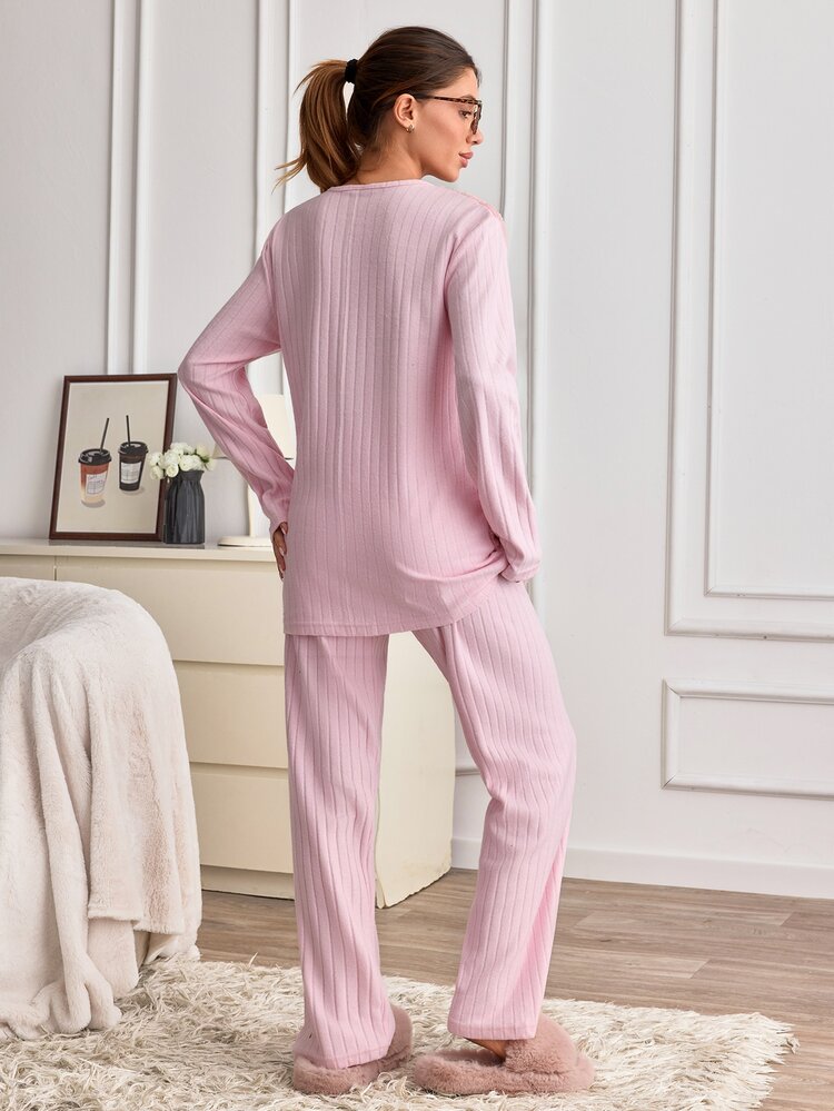 SHEIN Cottnline Women's Fuzzy Graphic Long Sleeve Ribbed Sleepwear Set Pink And Black Dusty Pink Winter Cute Casual Home - Pink - View 2