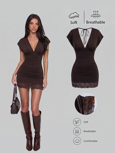 Sweetra Vintage Simple Elegant Casual Office Commute Bar Gathering Shopping Date Deep V-Neck Ruched Waist Dress With Double Side Drawstring Back Large V-Neck Tie Hem Lace Trim Chocolate Brown Spring Summer Autumn Women's Dress