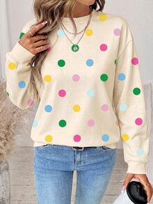SHEIN LUNE Women's Sweatshirt With Playful Cute Colorful Polka Dot Pattern, Elegant Casual Fashion Suitable For Autumn/Winter - White - View 3