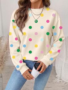 SHEIN LUNE Women's Sweatshirt With Playful Cute Colorful Polka Dot Pattern, Elegant Casual Fashion Suitable For Autumn/Winter - White - View 4