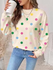 SHEIN LUNE Women's Sweatshirt With Playful Cute Colorful Polka Dot Pattern, Elegant Casual Fashion Suitable For Autumn/Winter - White - View 6
