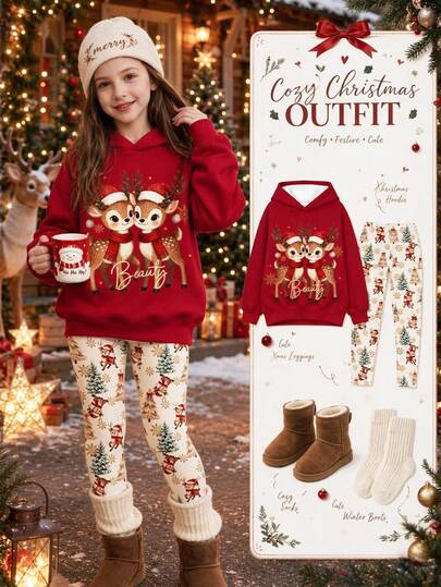 Super Cute Christmas Pastoral Reindeer Fairy Tale Pattern, Deer Print, Tween Girl Hooded Drop Shoulder Sweatshirt & Slim Fit Leggings 2 Pieces Set With Thermal Lined, Streetwear Vibe, Christmas Eve
