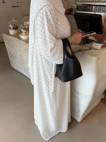 Yasmyna Elegant Black Polka Dot Heart Pattern Robe With Scarf - White - View 5