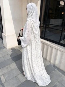Yasmyna Elegant Black Polka Dot Heart Pattern Robe With Scarf - White - View 7