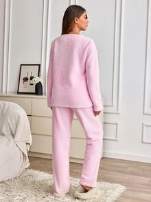SHEIN Cottnline Cute Elephant Embroidery Detailed Fuzzy Solid Color Relax Casual Pj Set - Pink - View 3