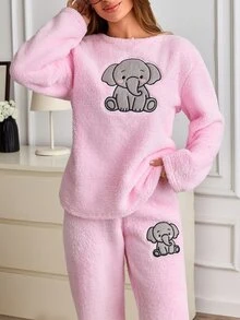 SHEIN Cottnline Cute Elephant Embroidery Detailed Fuzzy Solid Color Relax Casual Pj Set - Pink - View 9