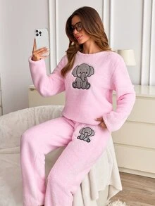 SHEIN Cottnline Cute Elephant Embroidery Detailed Fuzzy Solid Color Relax Casual Pj Set - Pink - View 7