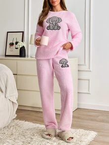 SHEIN Cottnline Cute Elephant Embroidery Detailed Fuzzy Solid Color Relax Casual Pj Set - Pink - View 5