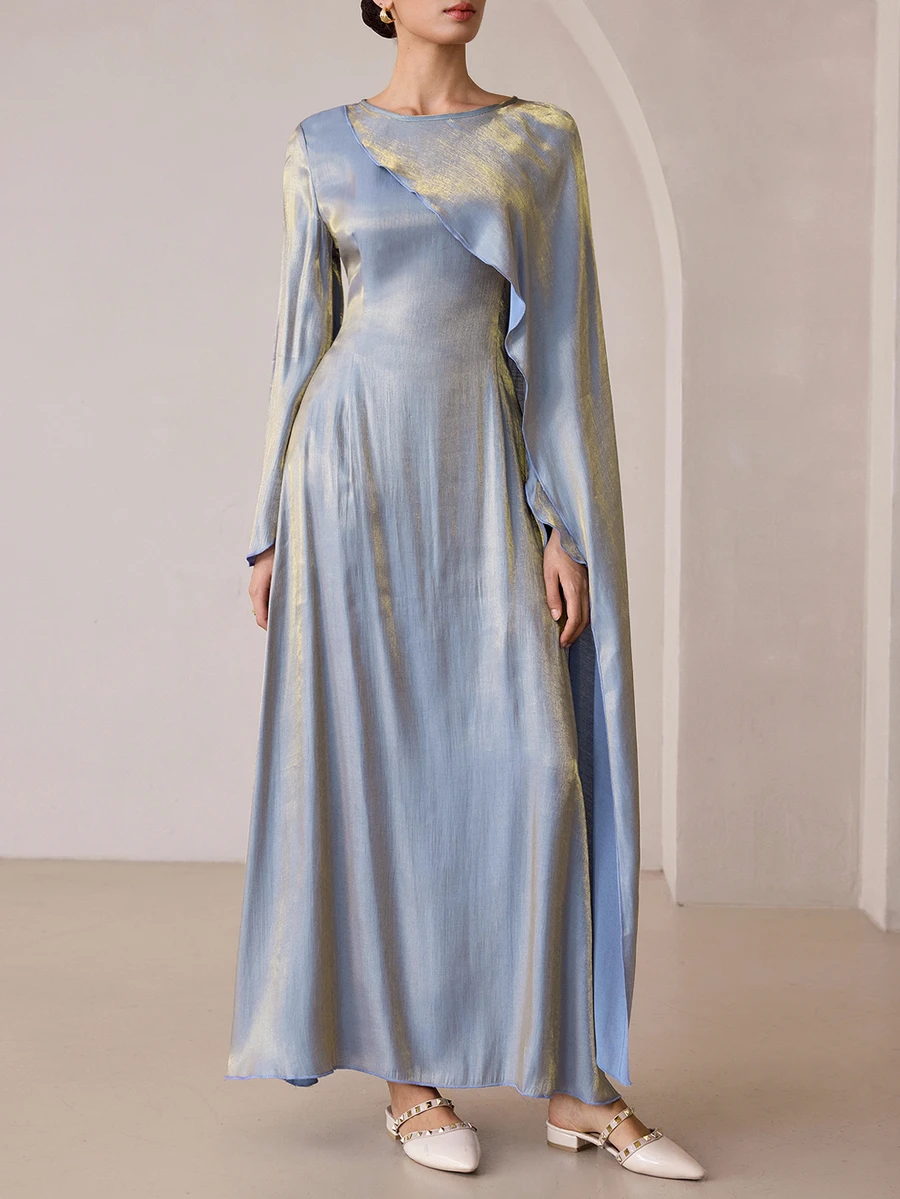 Graceveil Grey Blue Foil Asymmetrical Shawl Evening Party Dress