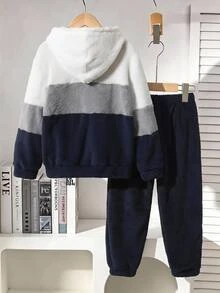 Vacaura Boys Casual Double-Sided Fleece Patchwork Colorblock Plush Hooded 2 Pieces Set Autumn Winter - Multicolor - View 3