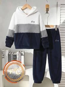 Vacaura Boys Casual Double-Sided Fleece Patchwork Colorblock Plush Hooded 2 Pieces Set Autumn Winter - Multicolor - View 2