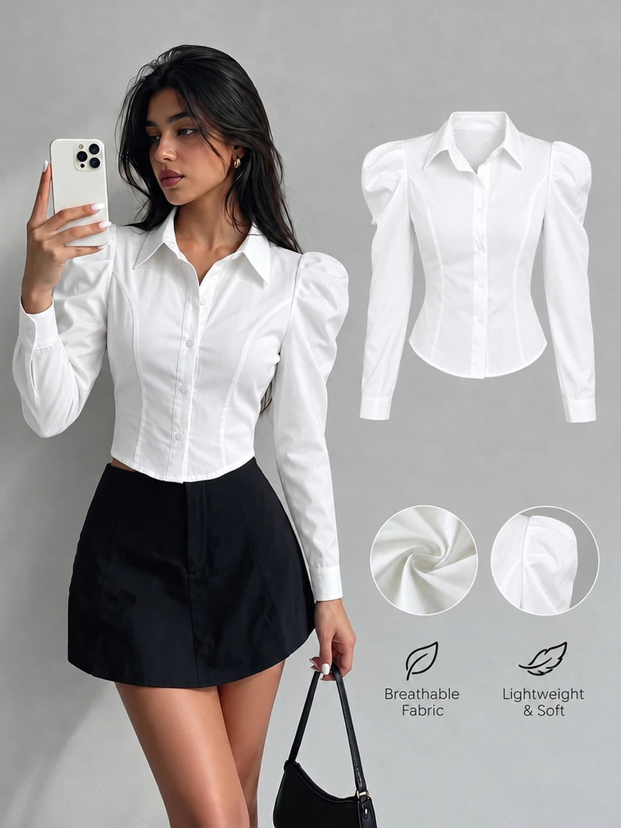 Sweetra Women's Slim Fit Shirt With Leg-Of-Mutton Sleeve, Solid Color,Long Sleeve Tops Fall Cloth For Women - White - View 1