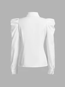 Sweetra Women's Slim Fit Shirt With Leg-Of-Mutton Sleeve, Solid Color,Long Sleeve Tops Fall Cloth For Women - White - View 2