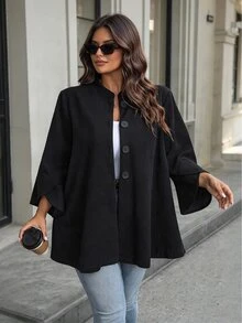 Plus Size Women's Knit Woolen Black 3/4 Sleeve Stand Collar Button Decorated Midi Coat, Suitable For Autumn, Winter, Christmas, Halloween Party Fall - Black - View 1