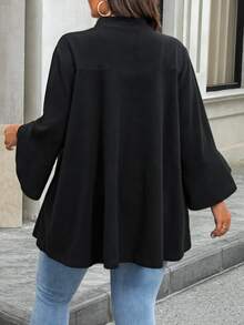 Plus Size Women's Knit Woolen Black 3/4 Sleeve Stand Collar Button Decorated Midi Coat, Suitable For Autumn, Winter, Christmas, Halloween Party Fall - Black - View 2
