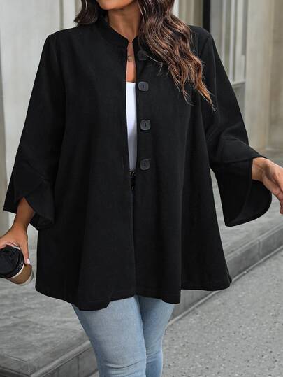 Cappotto midi da donna in maglia di lana nera con colletto alto, maniche 3/4 e bottoni decorativi, adatto per autunno, inverno, Natale e Ognissanti